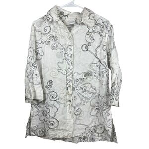 Chico's Linen Button Top Size 1 M Sketchbook Art Floral Artsy Blouse Art To Wear